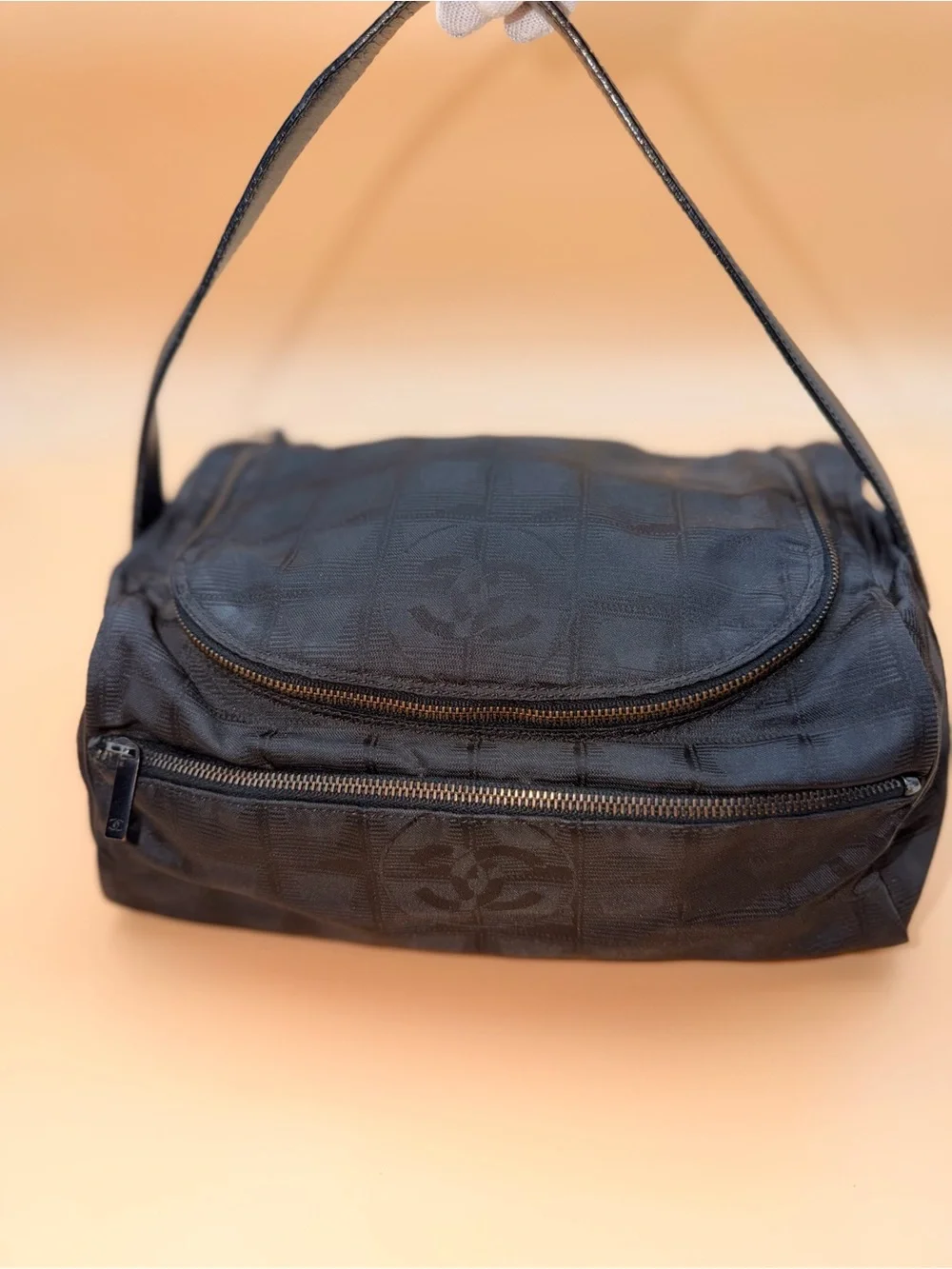 Authentic Chanel Vintage Black New Travel Line CC Jacquard Shoulder Bag 6-Series